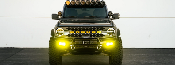 2021+ Ford Bronco with winch-ready front bumper on rocky trail