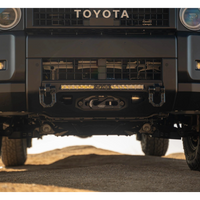 Close-up of a Toyota vehicle's front bumper with desert landscape in the background