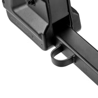 Close-up of fat tire bike rack with 'Swagman' branding on a white background