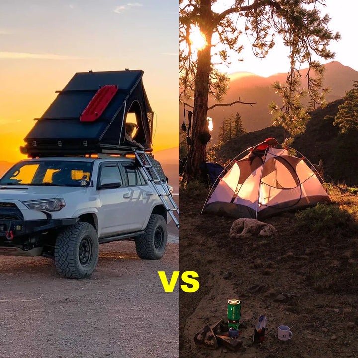 Split image of an SUV with a rooftop tent and a lit tent at a forest campsite