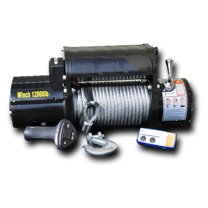 Winch with cable, control handle, and remote on a white background