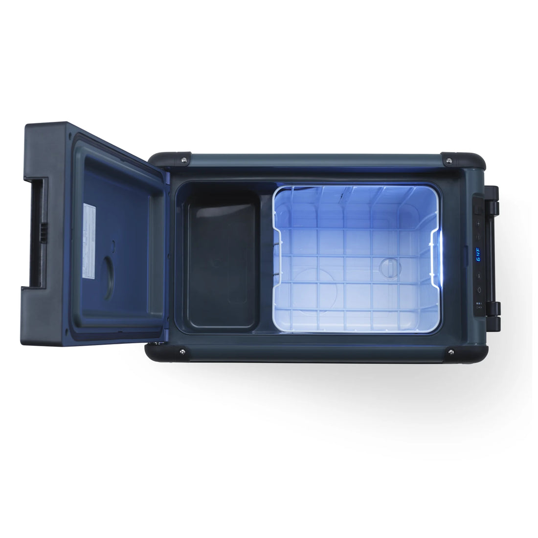 Dometic CFX2 28 with lid open showing the lit interior and basket