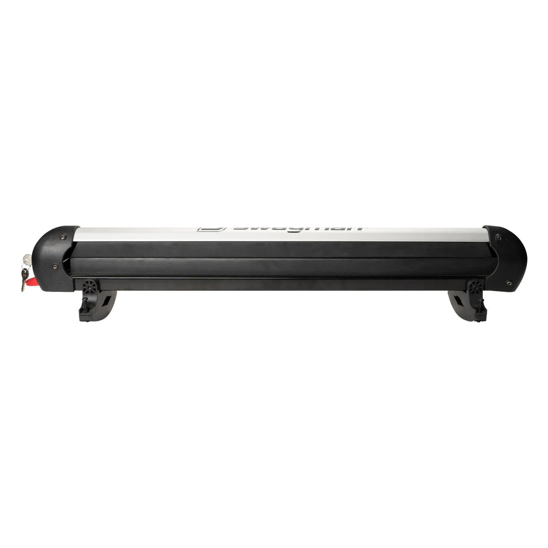 Long rectangular snowboard rack with black casing on a white background