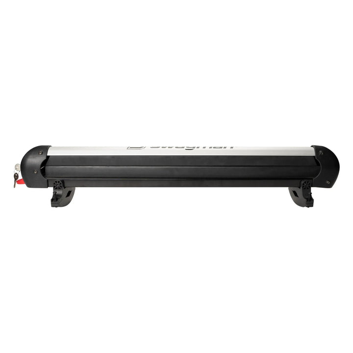 Long rectangular snowboard rack with black casing on a white background
