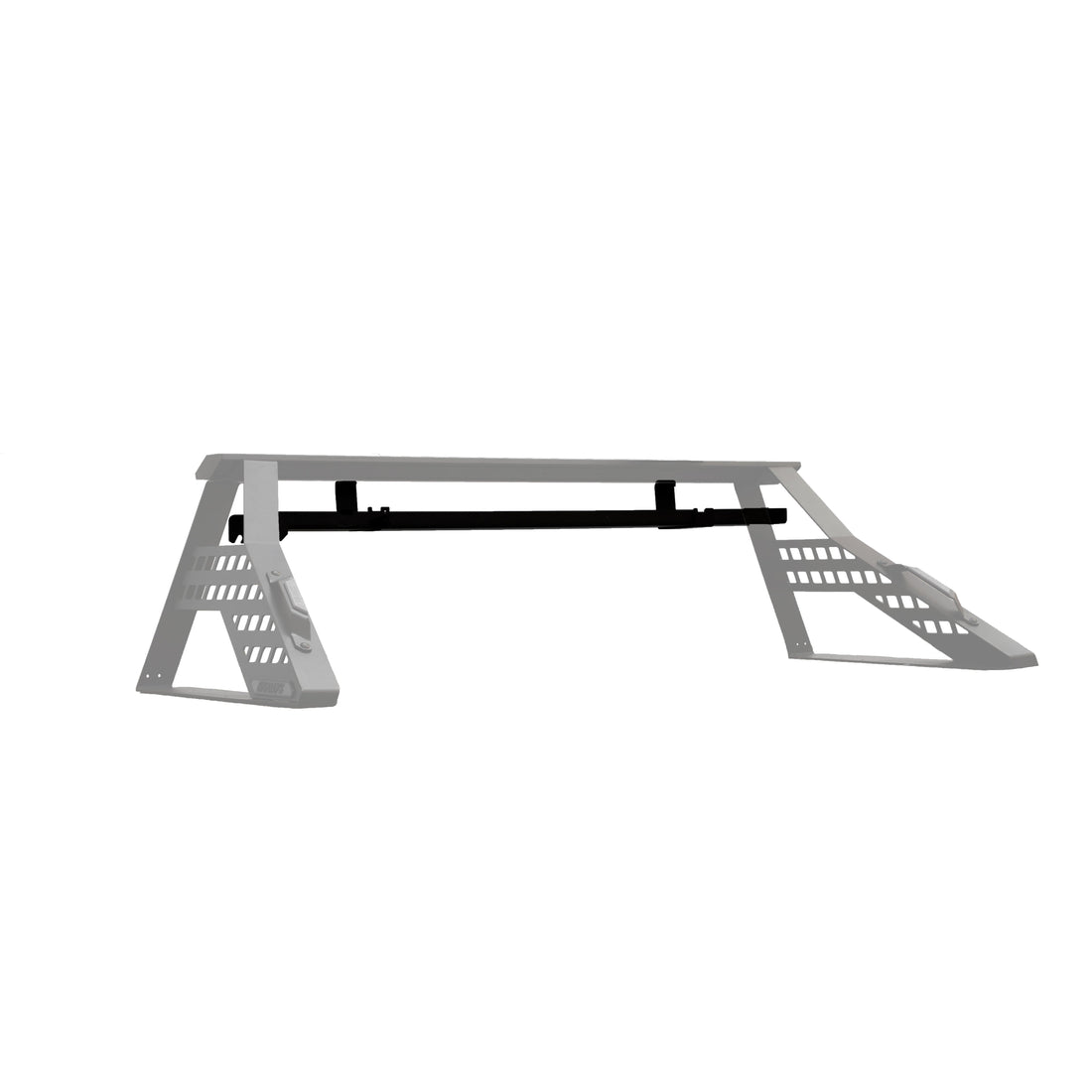 Moto ramp stored under the Chase Rack crossbar on included brackets