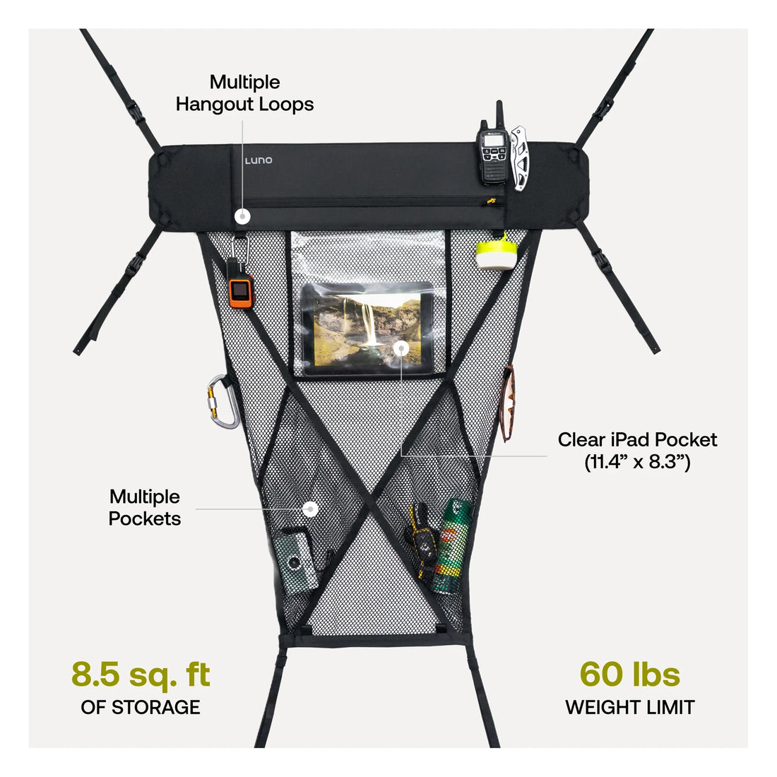 Luno cargo hammock overhead storage net in a vehicle, view 4