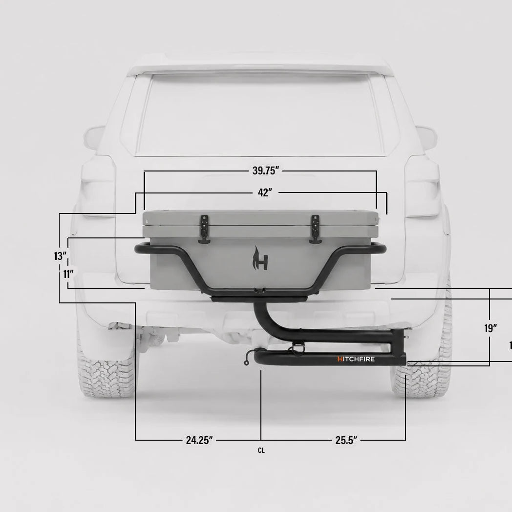 Measurement diagram of a vehicle with a hitch receiver on a white background