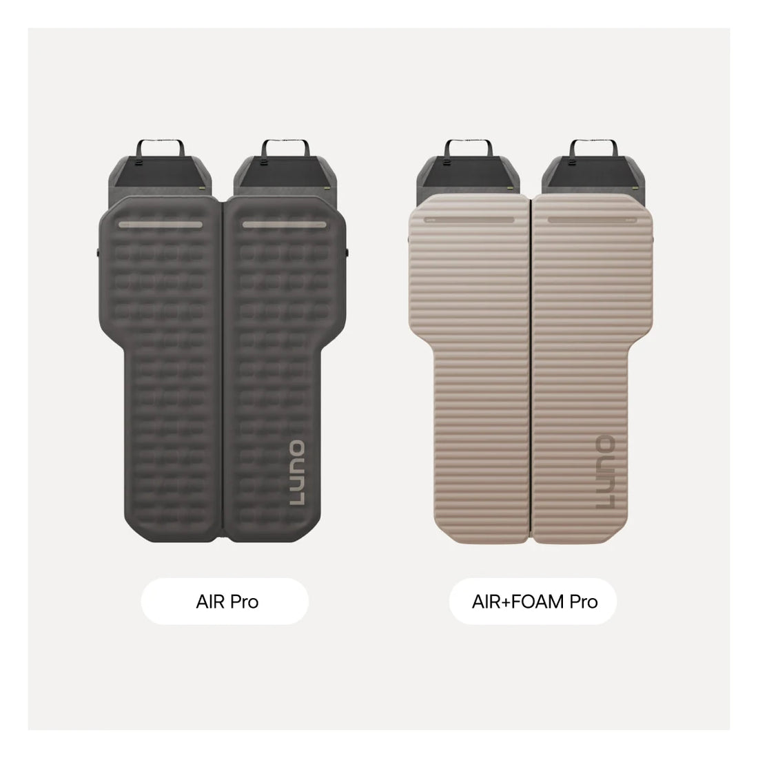 Luno AIR Pro vehicle mattress set with head support, carrying case, repair patch, and 12V air pump for camping and overlanding.