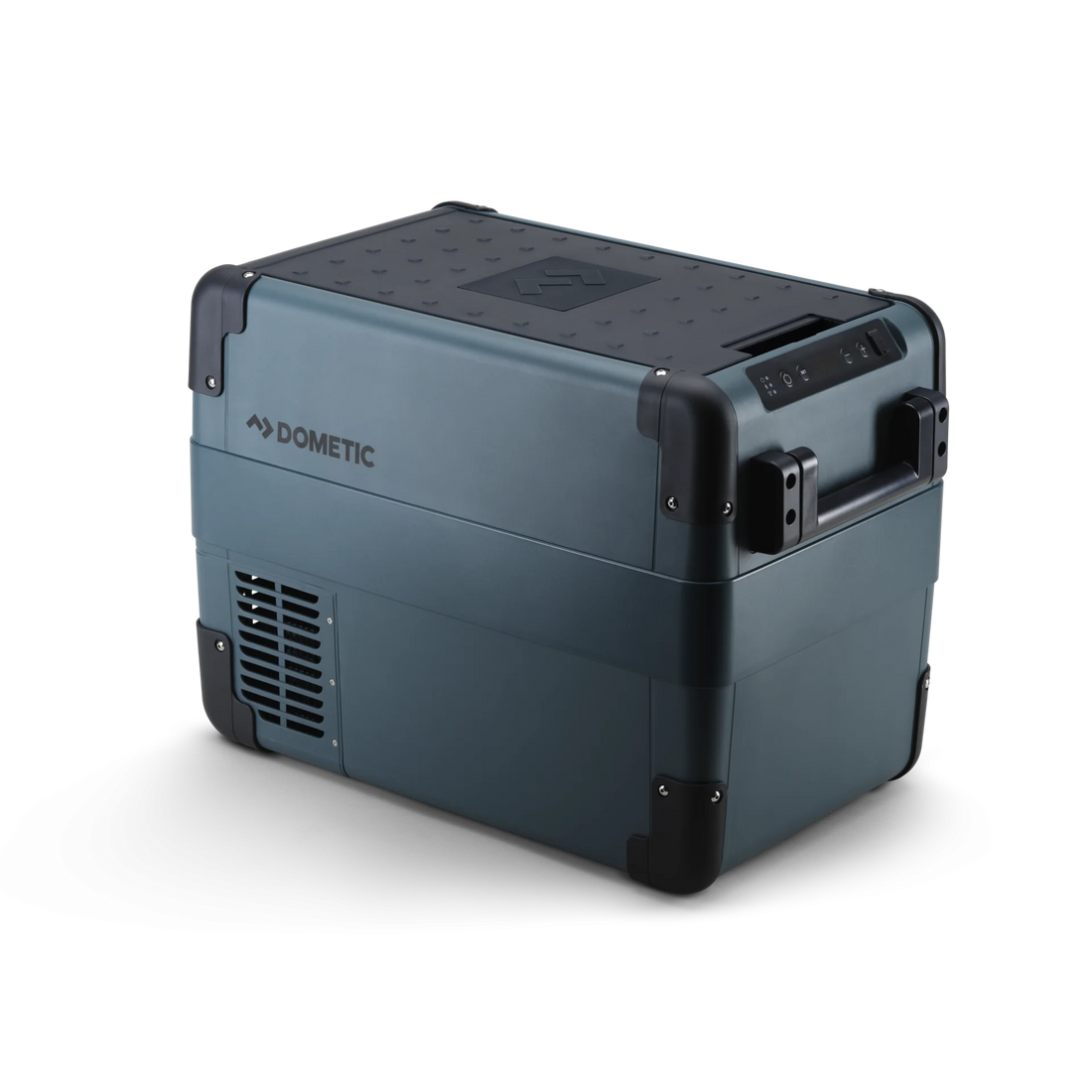 Portable Dometic camping fridge freezer with handles, rugged design for outdoor gear.