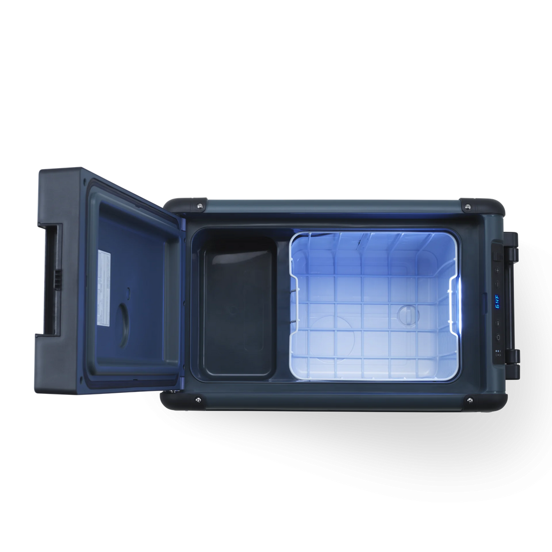 Top view of an open portable outdoor fridge freezer with LED interior light