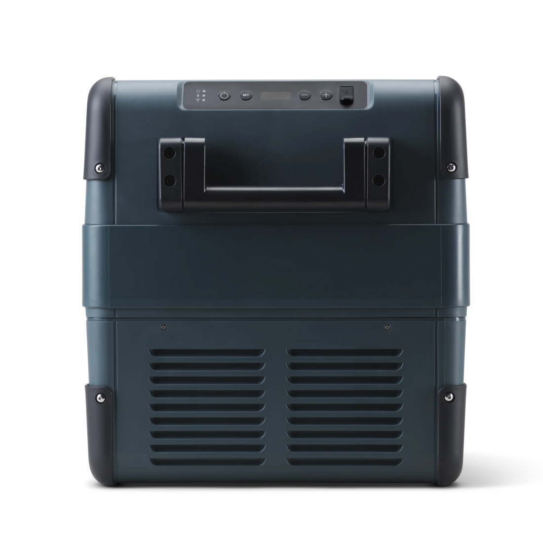 Portable electric camping fridge with digital control panel and sturdy handle, outdoor gear