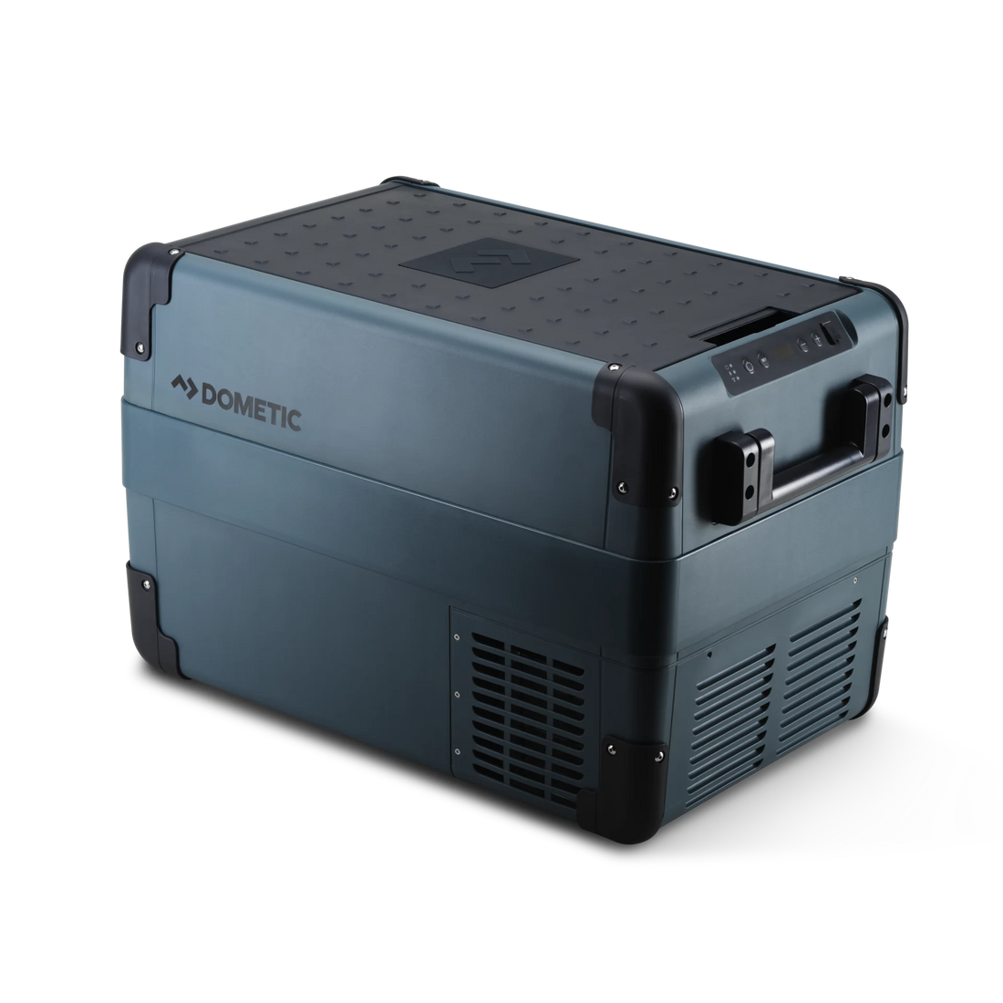 Portable Dometic electric cooler for camping and overlanding, with rugged dark casing