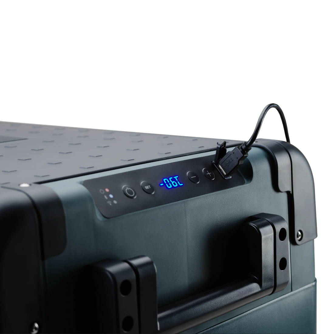 Portable outdoor fridge freezer with digital display and USB port for camping and overlanding