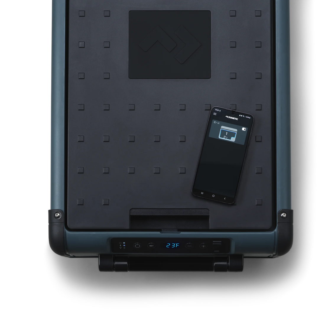 Portable outdoor fridge freezer with digital control panel and smartphone app on lid