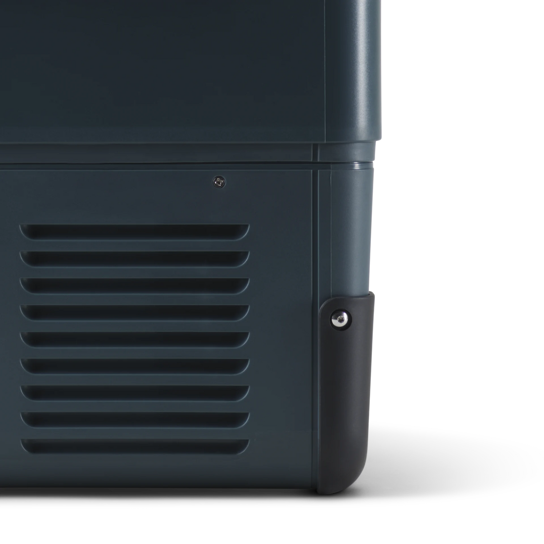 Close-up of rugged portable camping fridge or cooler with vented side panel