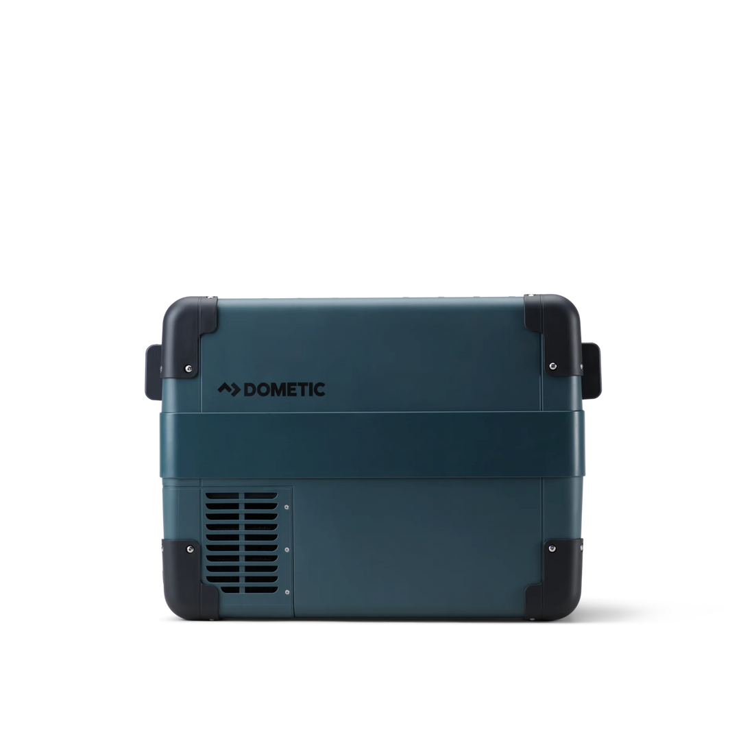 Portable Dometic camping fridge freezer with durable handles and rugged dark blue design