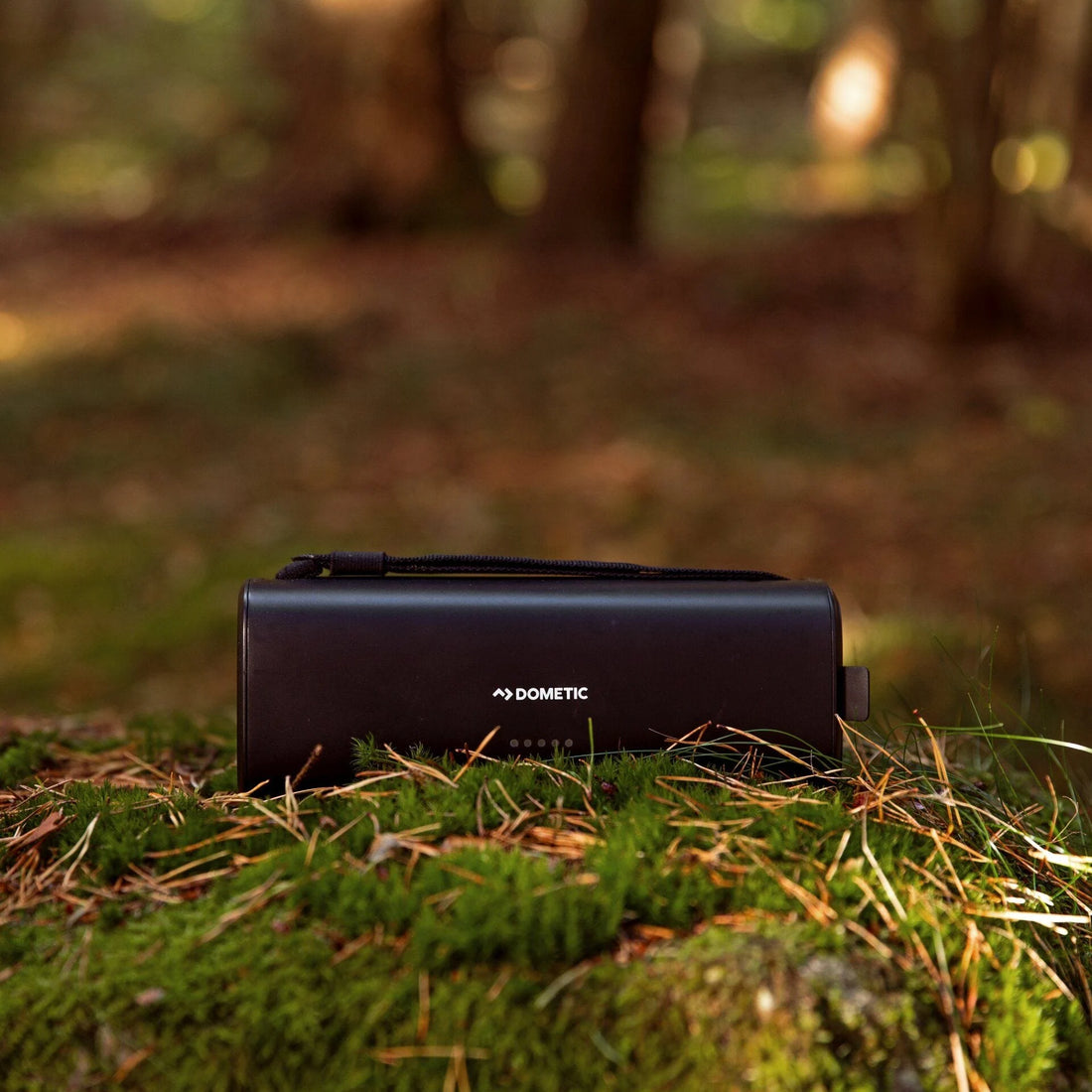 Black Dometic device on grass with a forest background