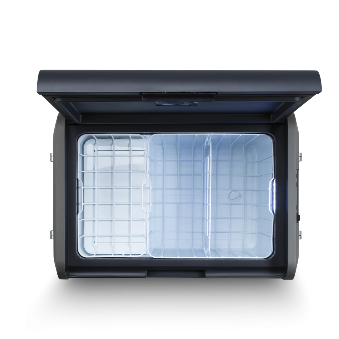 Top view of an open portable camping fridge freezer with internal baskets and LED light