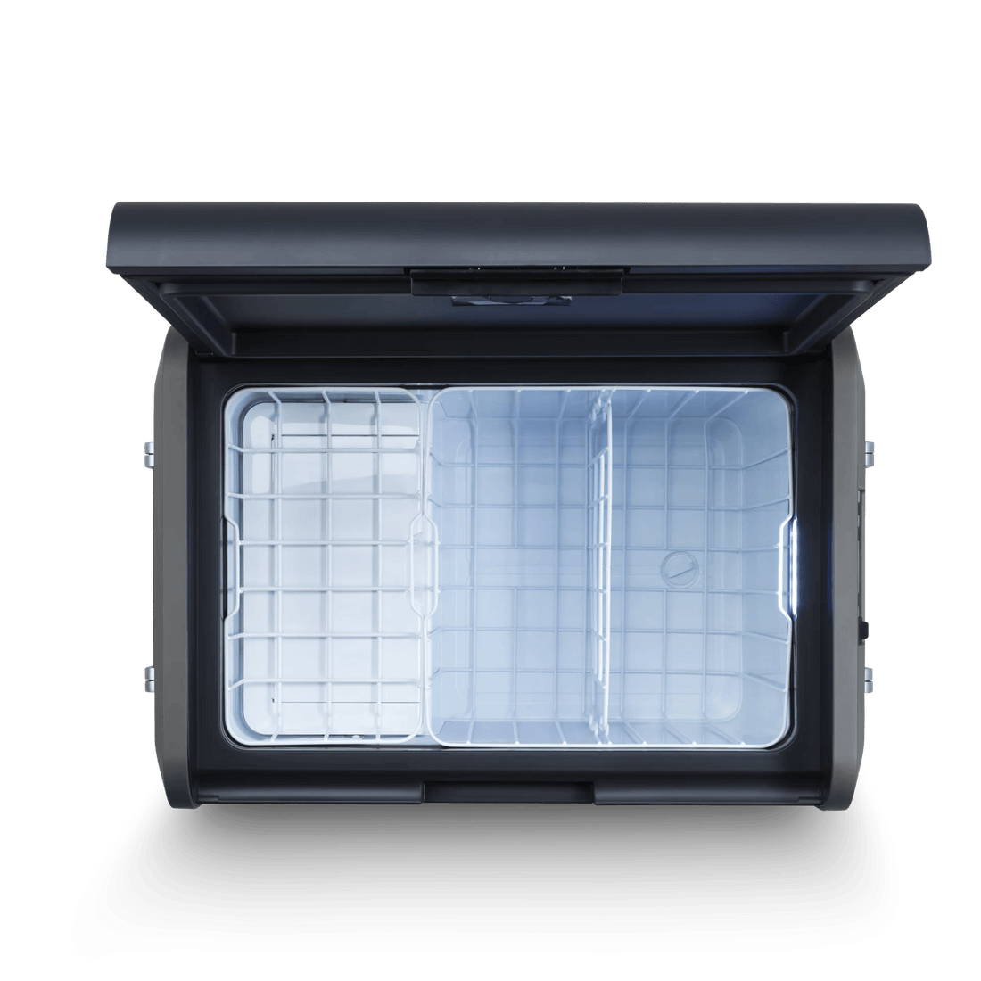 Dometic CFX5 55IM with lid open, front view of the lit interior