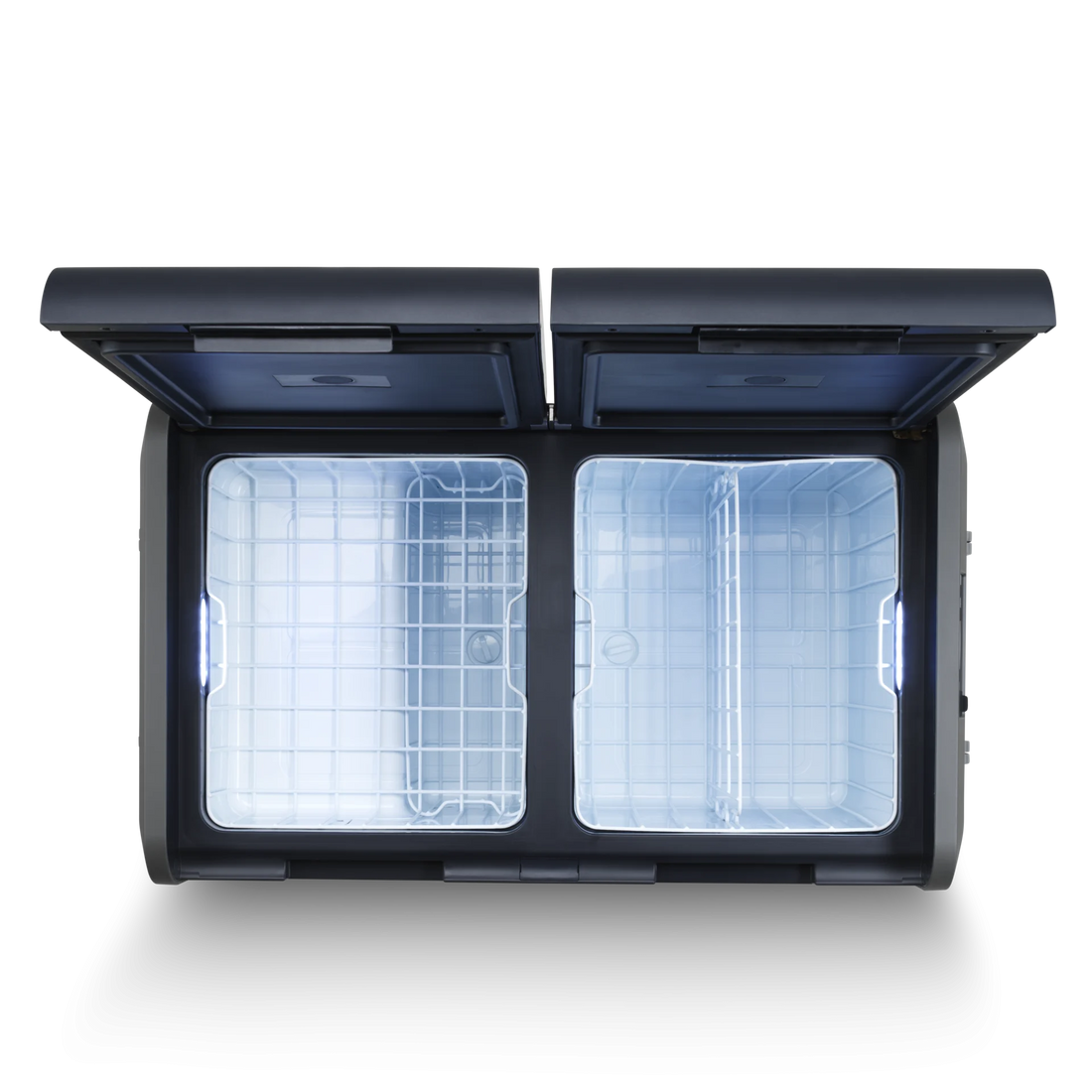 Dual zone portable camping fridge freezer with open lids, interior lighting, wire baskets