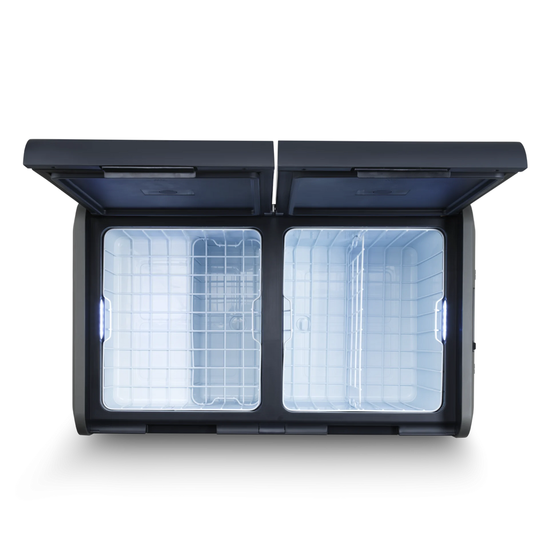 Dual zone portable camping fridge freezer with open lids and interior LED lighting