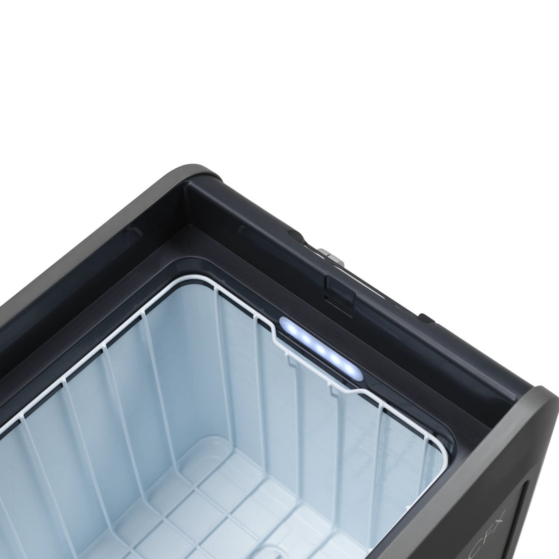 Open portable camping fridge with LED interior light and spacious insulated compartment