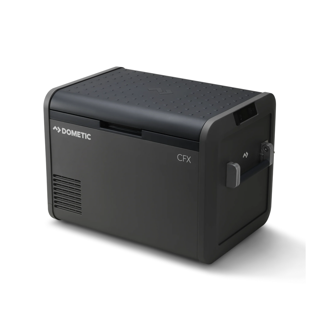 Dometic CFX portable electric cooler for camping and overlanding, side and front view