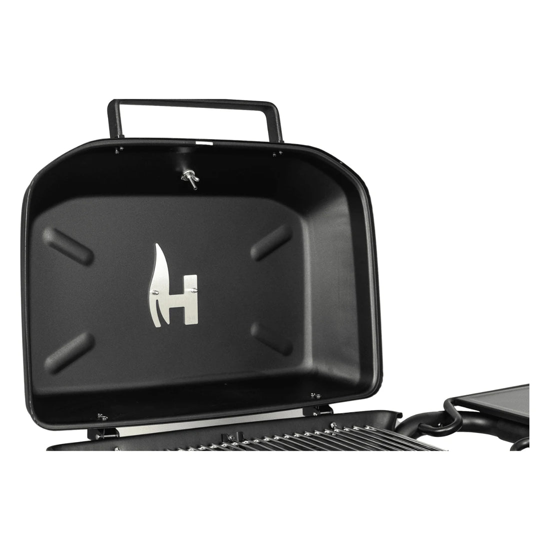 Black portable grill with a brand logo on a white background