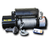 Winch with cable, control handle, and remote on a white background
