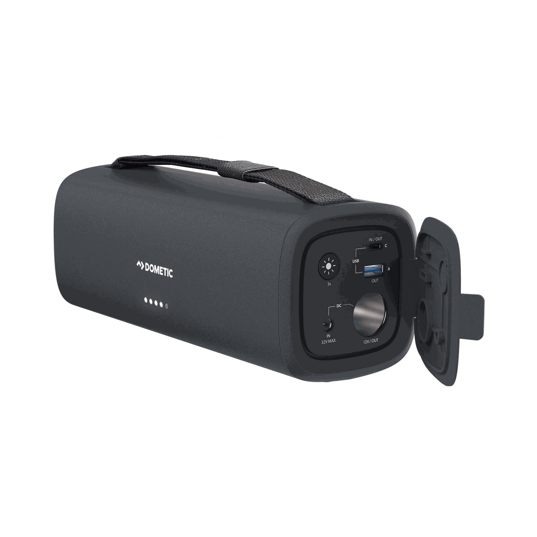 Dometic PLB15 portable battery with port cover open, front view