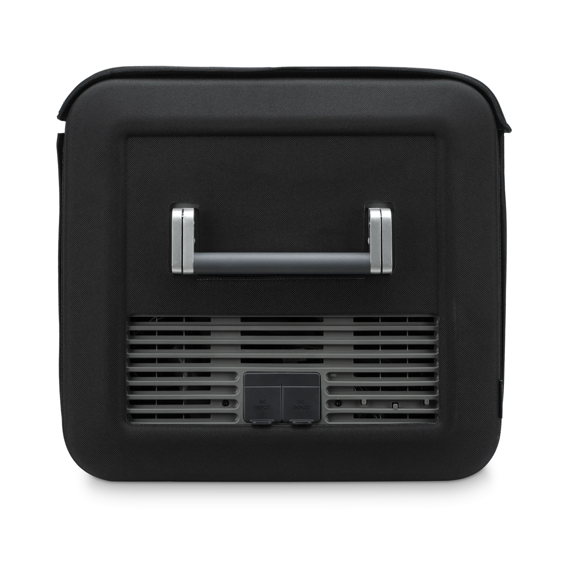 Black carrying case with metallic handle on a white background