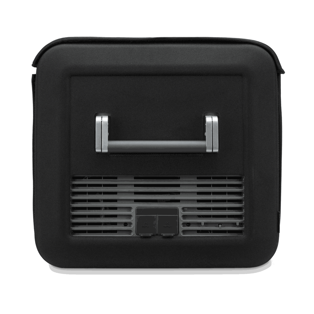 Black carrying case with metallic handle on a white background