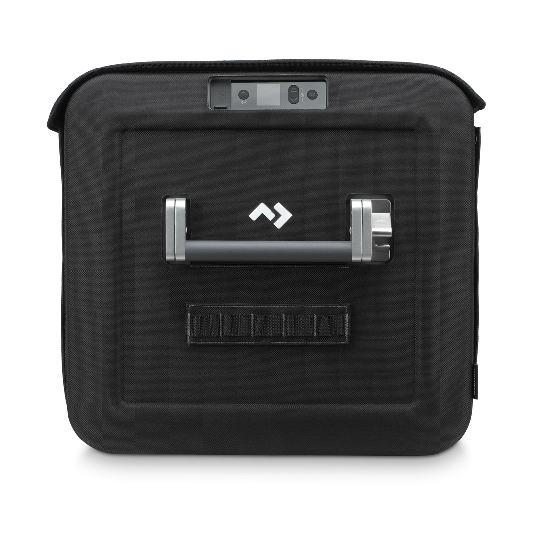 Black carrying case with a brand logo on a white background