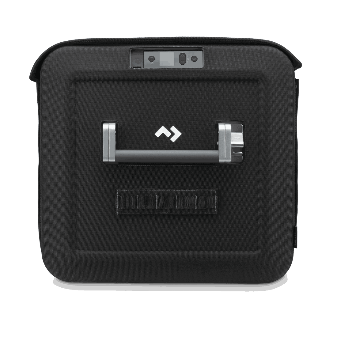 Black carrying case with a brand logo on a white background