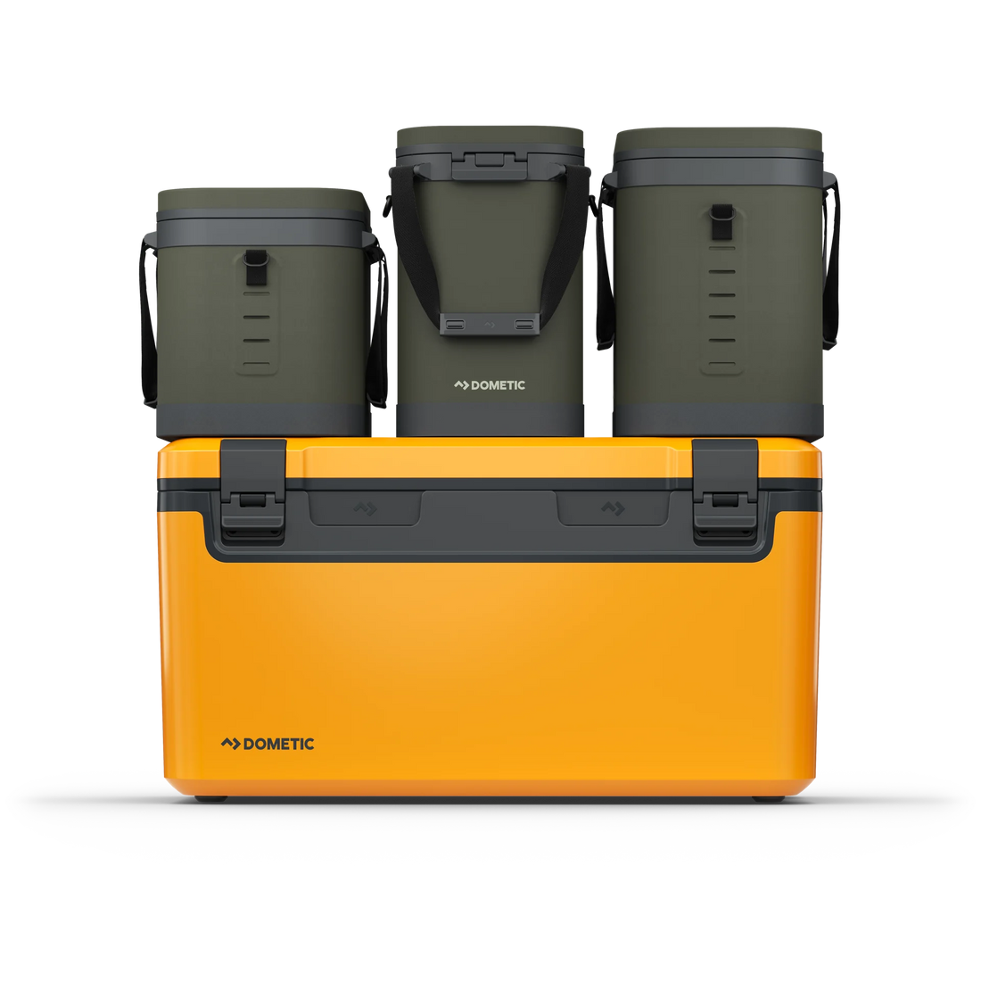 Yellow Dometic cooler with three olive green insulated water jugs, outdoor gear