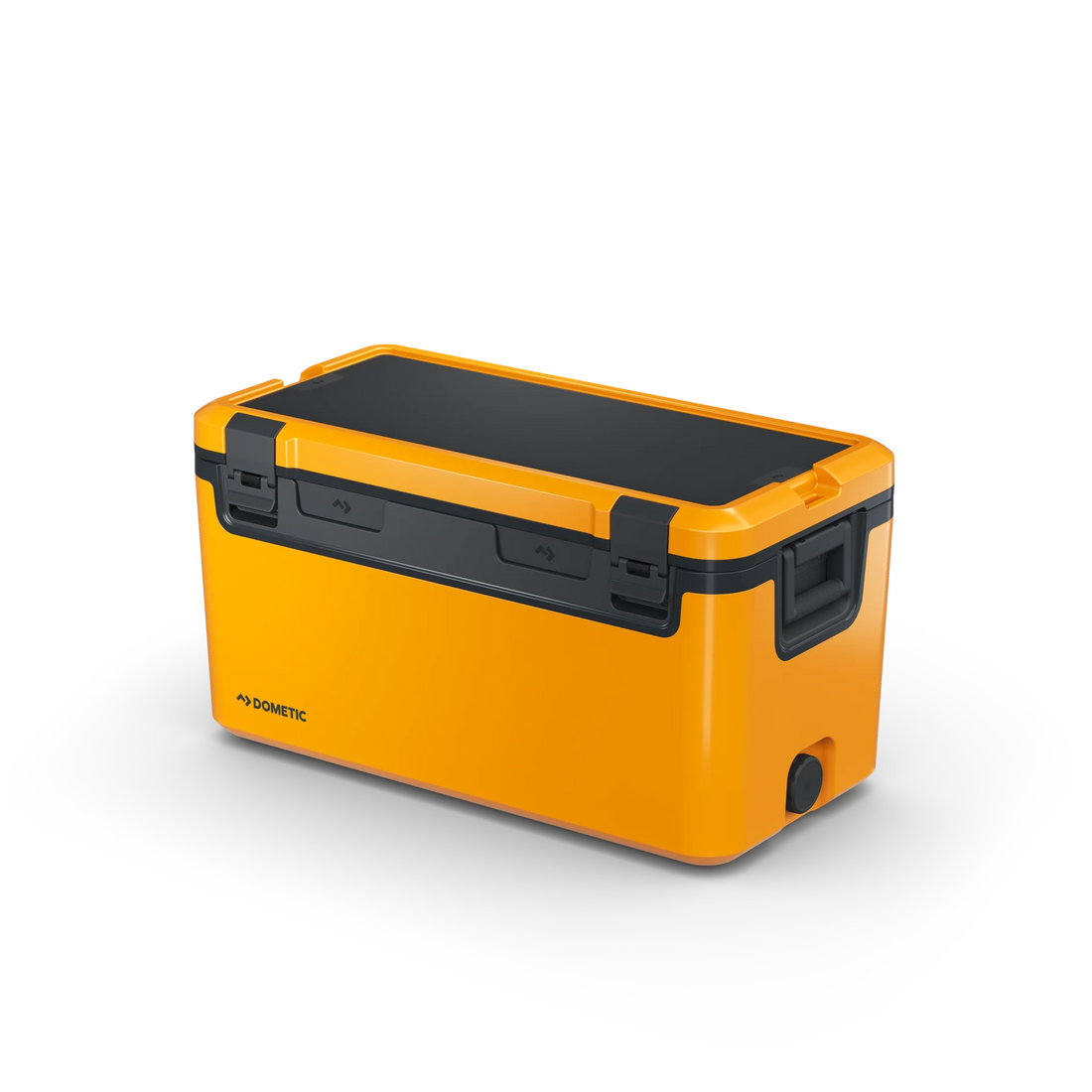 Bright yellow Dometic outdoor cooler with black lid and rugged handles for camping or overlanding