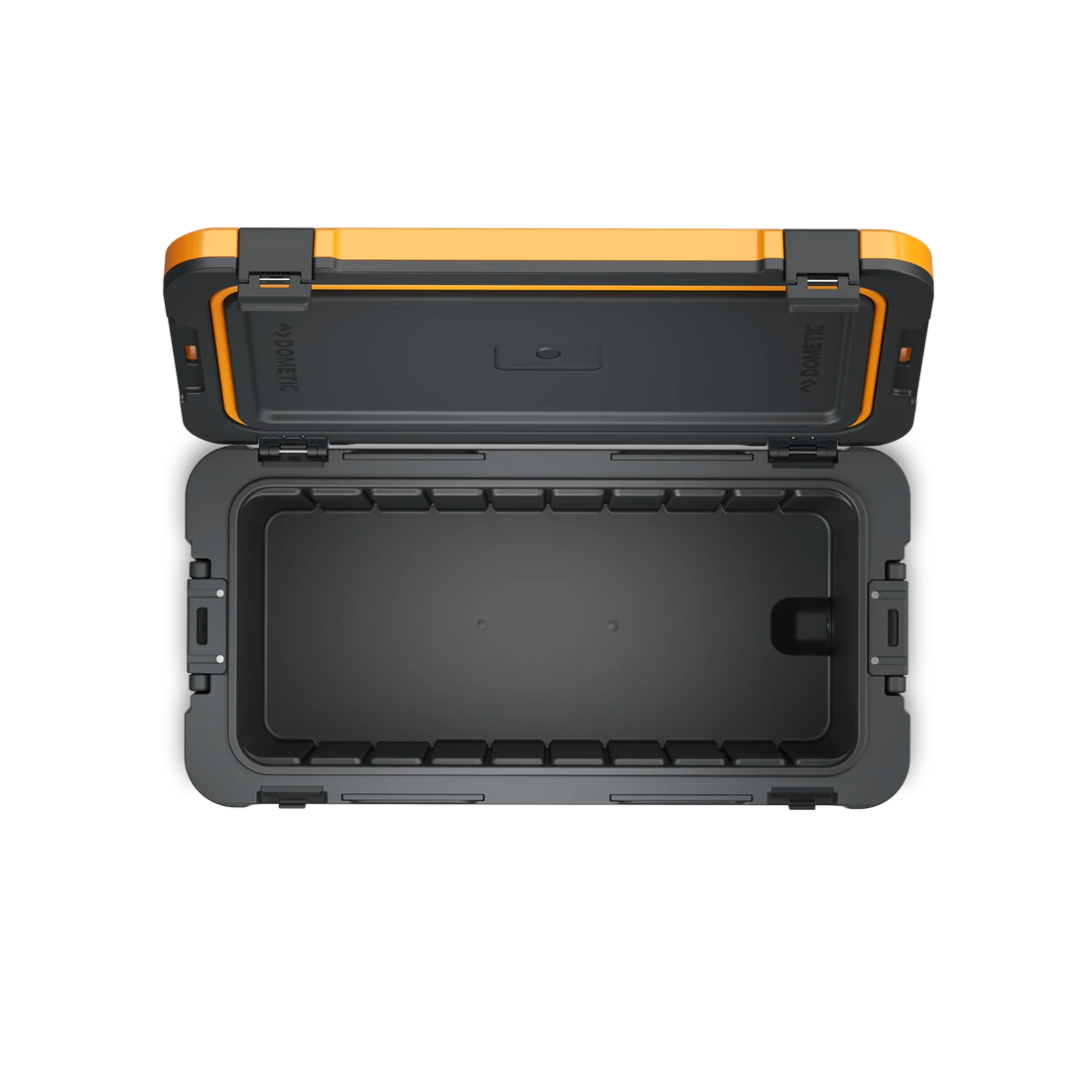 Open rugged outdoor storage case with black interior and orange trim, top view