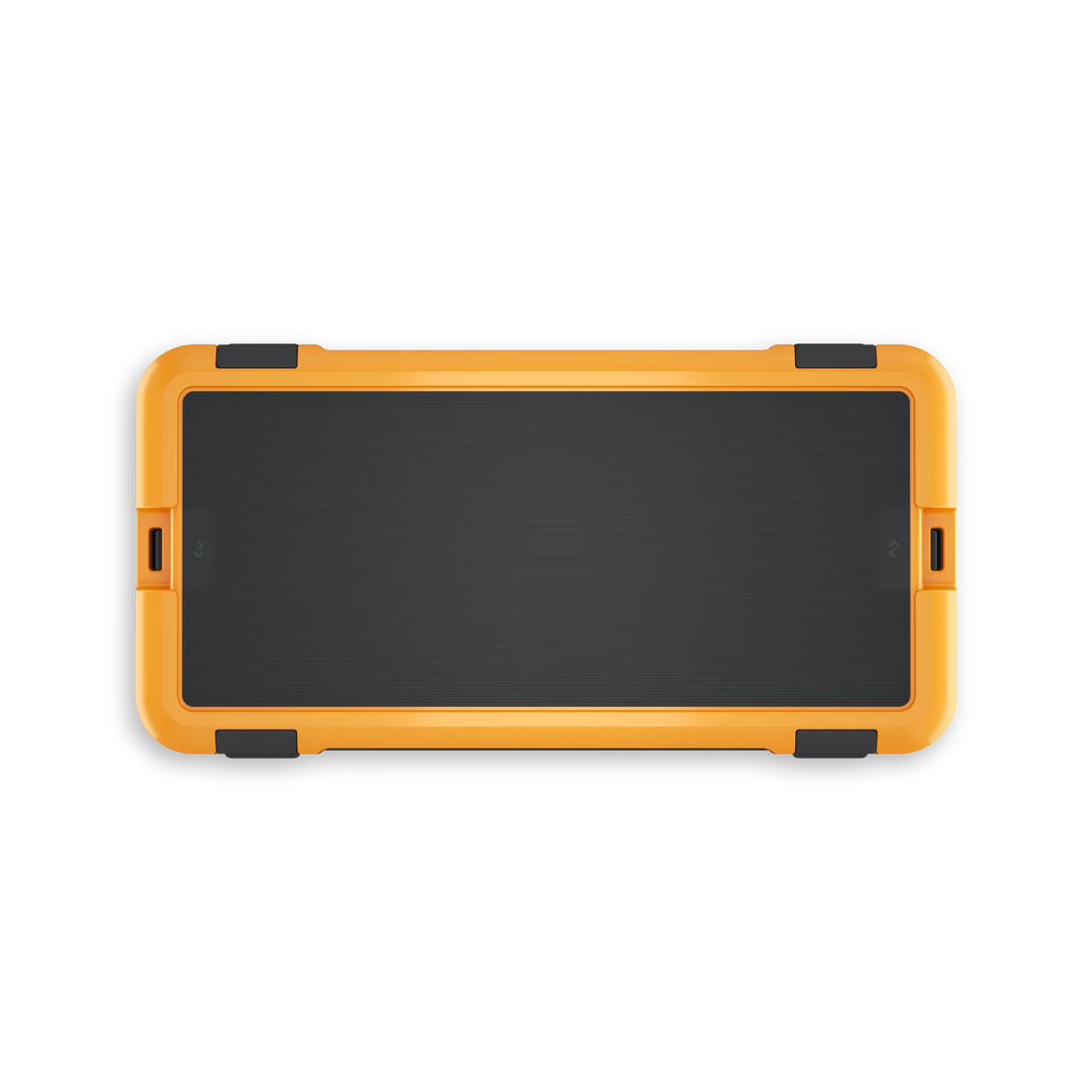 Portable orange rugged solar panel for camping and overlanding, black background