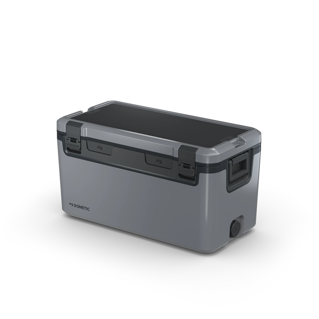 Gray portable outdoor cooler with black lid and sturdy handles, ideal for camping and overlanding