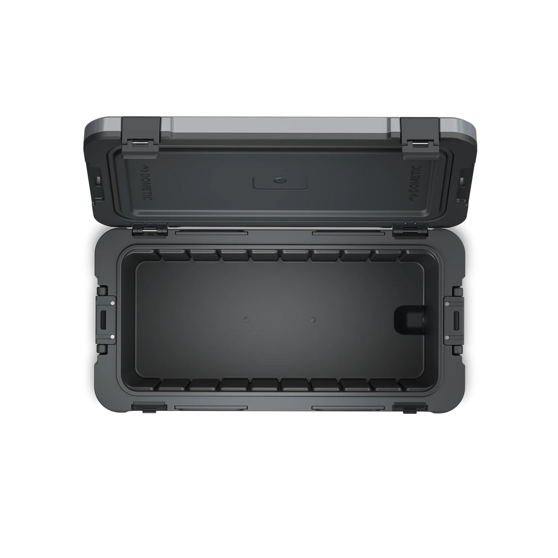 Durable waterproof outdoor gear storage box with open hinged lid, rugged black design