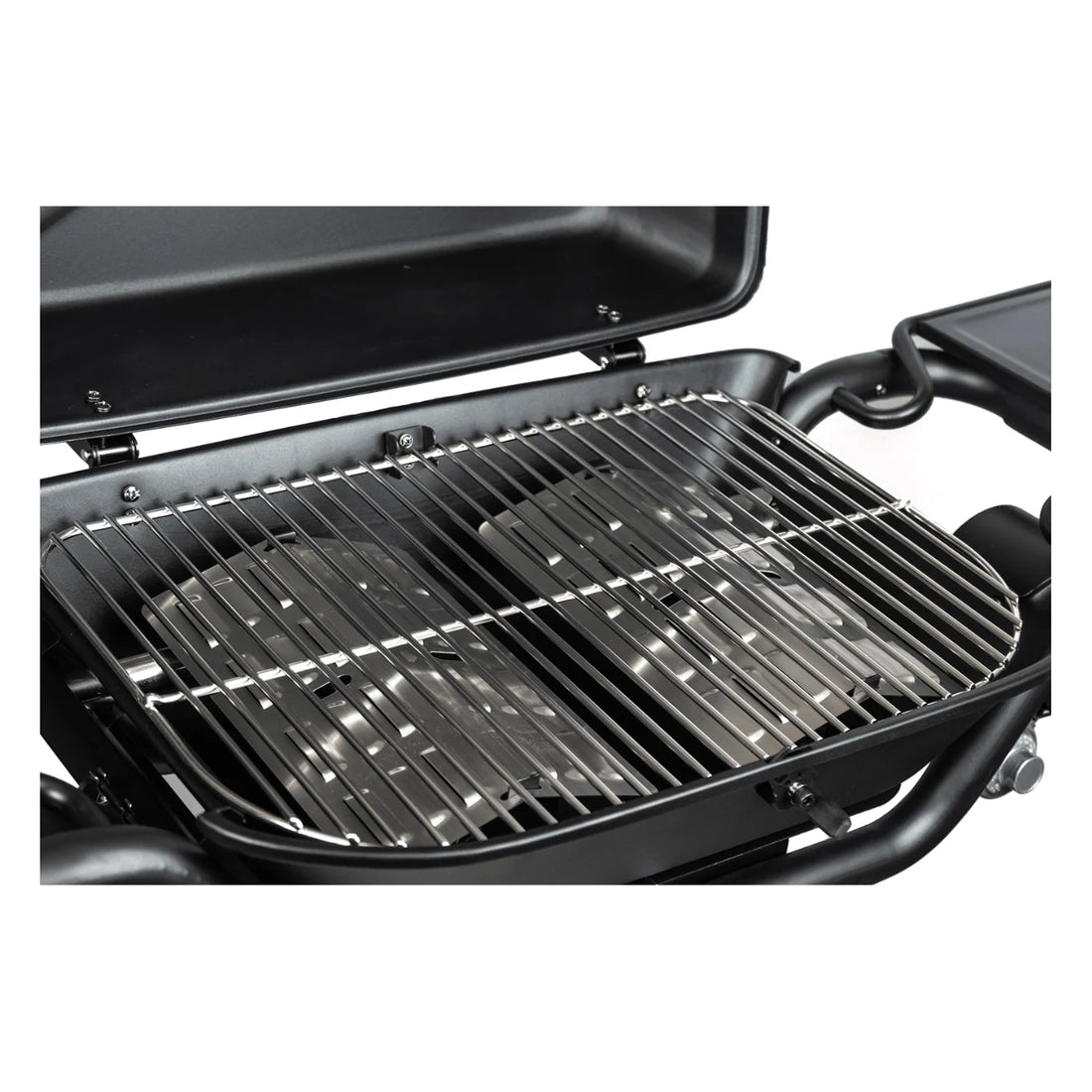 Black portable grill with open lid on a white background