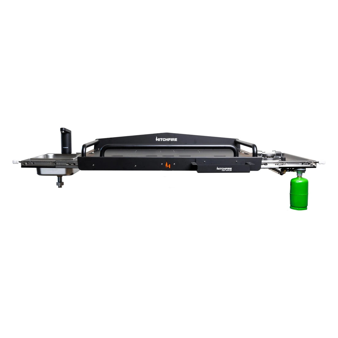 Butane grill with a green lighter on a white background