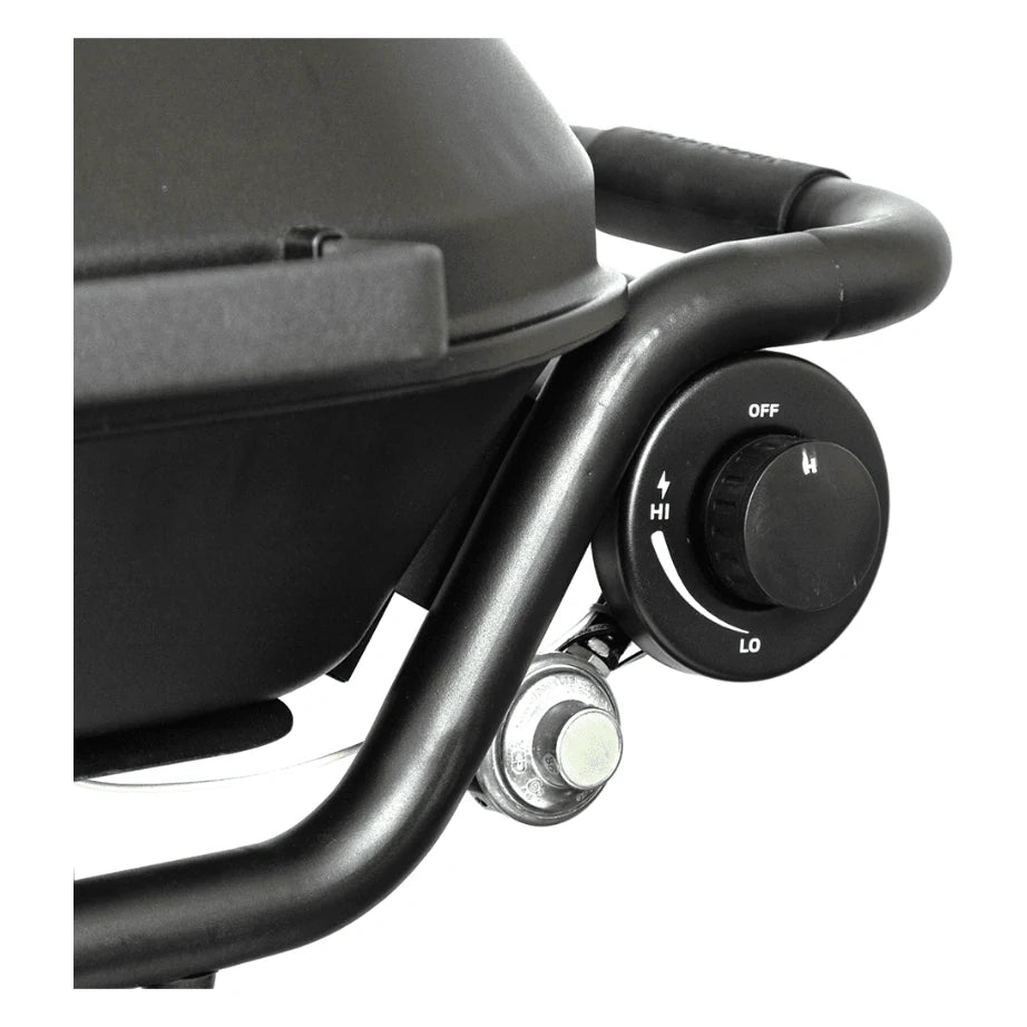 Close-up of a portable grill with control knob on a white background