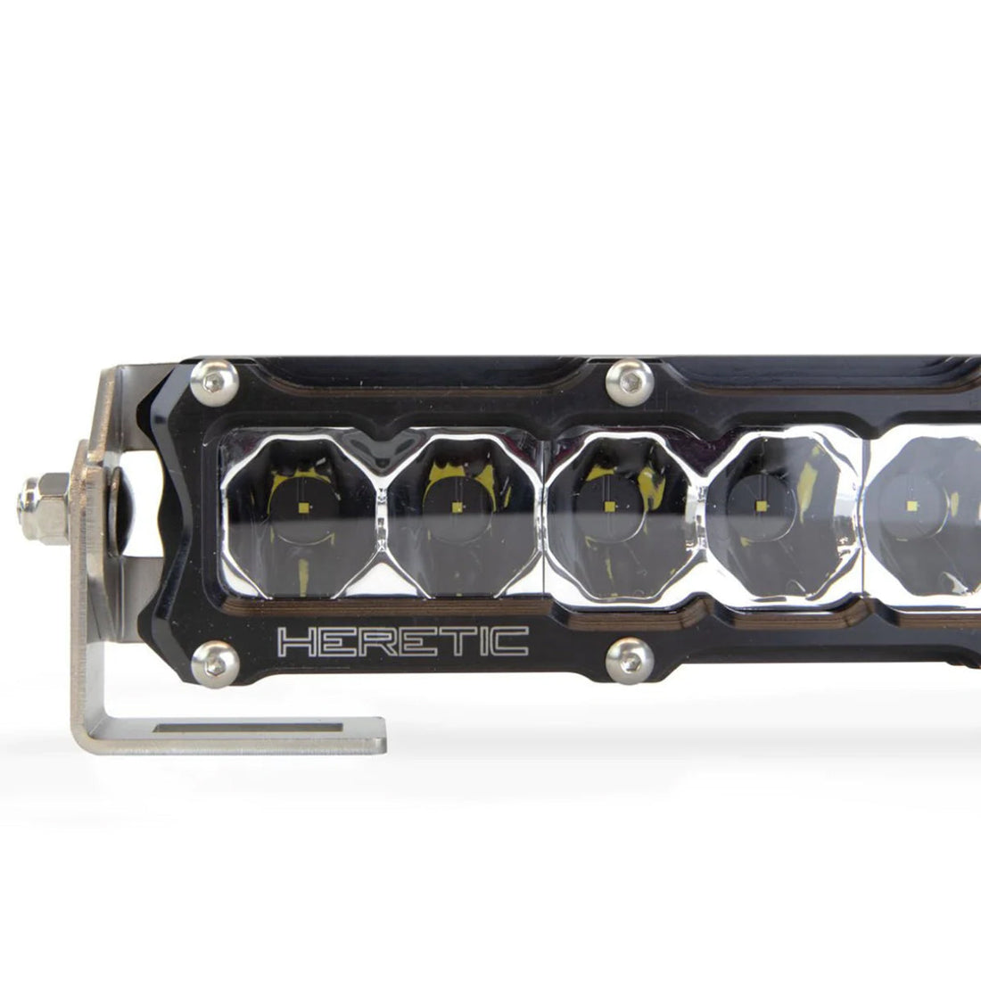 Closeup of a 40-inch LED off-road light bar with metallic mounting bracket