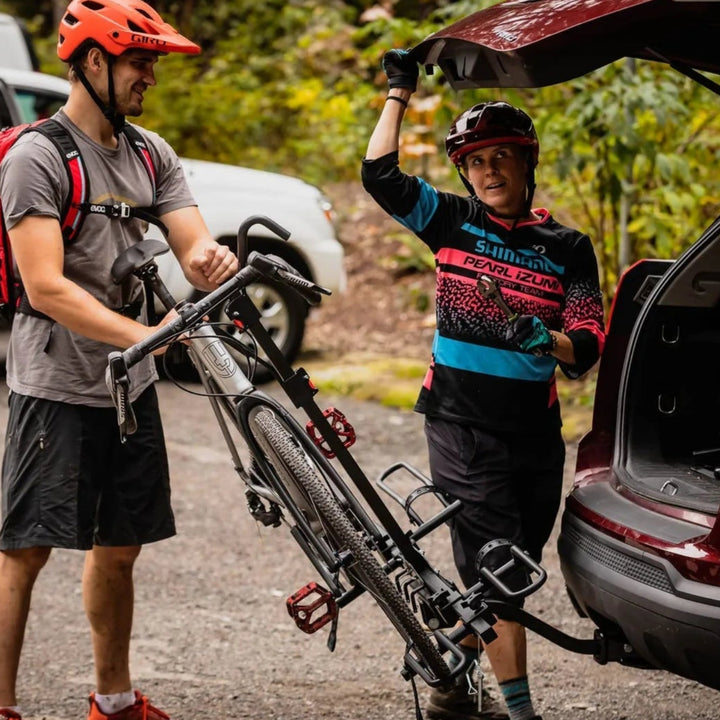 Swagman XTC 2 TILT hitch mounted bike rack loaded