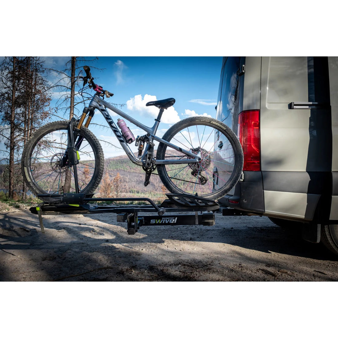 Swivel hitch accessory swung open for rear vehicle access