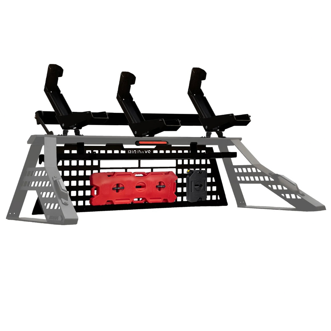 Black and gray 3 moto chase rack with red gas can on a white background