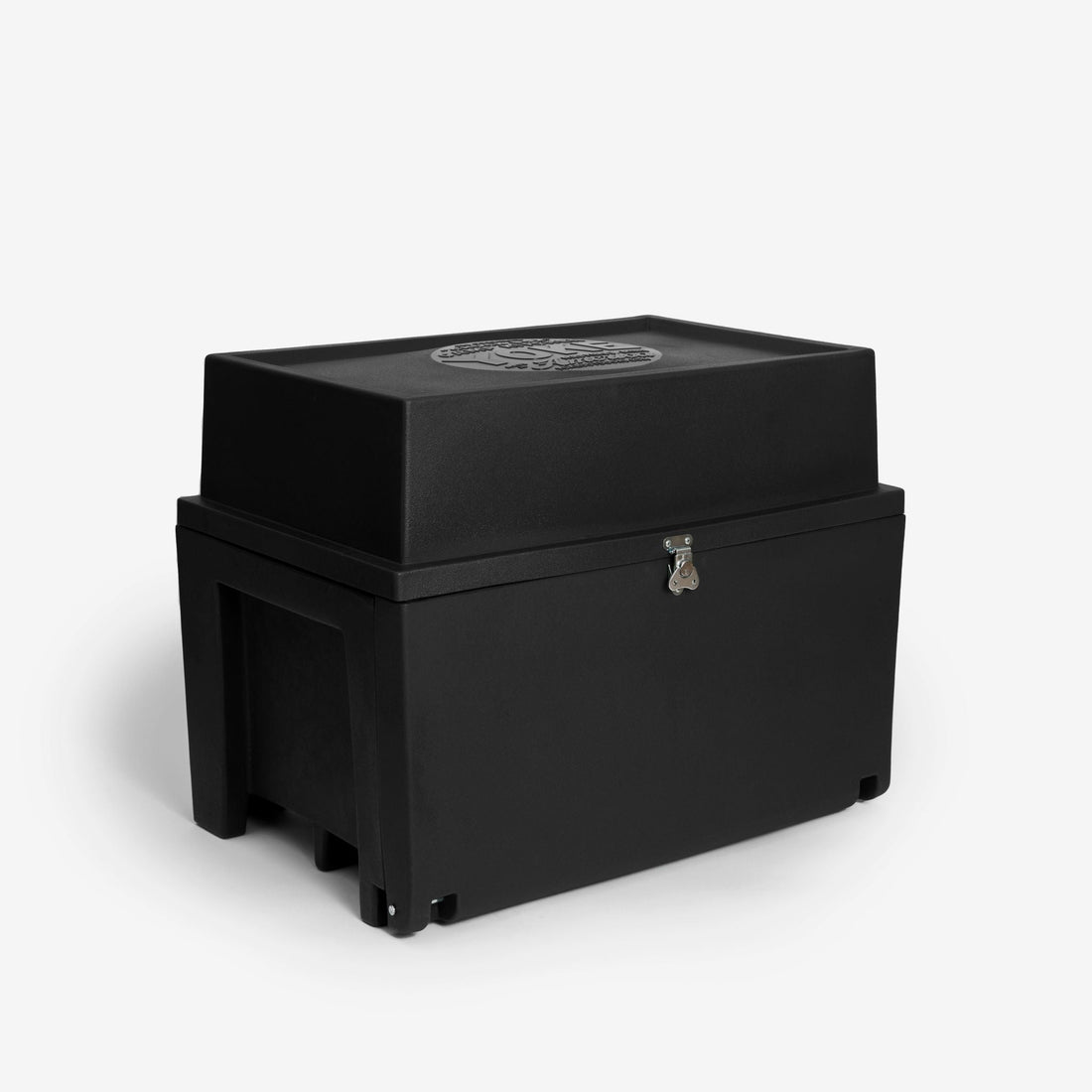 Black rectangular box with a lid on a white background