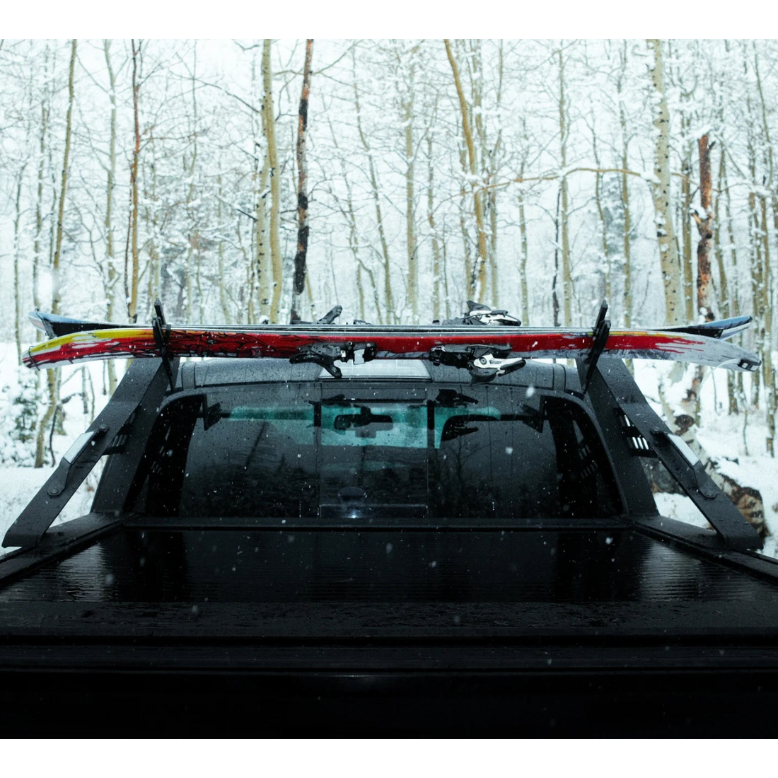Ski rack on a vehicle with skis attached, set against a snowy forest background