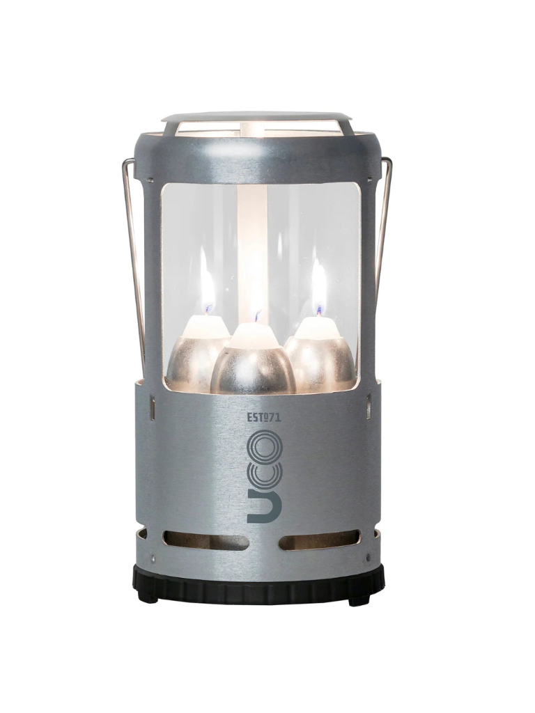 Silver camping lantern with UCO branding on a white background
